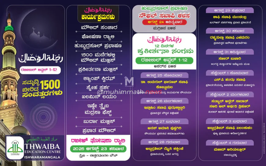 ವಿಶ್ವಗುರು ಪ್ರವಾದಿ ಮುಹಮ್ಮದ್ ಮುಸ್ತಫಾ ﷺ ರ 1500ನೇ ಜನ್ಮದಿನಾಚರಣೆ ಪ್ರಯುಕ್ತ ತ್ವೈಬಾ ಈಶ್ವರಮಂಗಳ ವತಿಯಿಂದ ವೈವಿಧ್ಯಮಯ ಕಾರ್ಯಕ್ರಮಗಳು