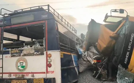 ತೆಲಂಗಾಣದಲ್ಲಿ ಭೀಕರ ಅಪಘಾತ : ಸರ್ಕಾರಿ ಬಸ್ ಮೇಲೆ ಟಿಪ್ಪರ್ ಮುಗುಚಿ 16 ಮಂದಿ ಸ್ಥಳದಲ್ಲೇ ಸಾವು.!