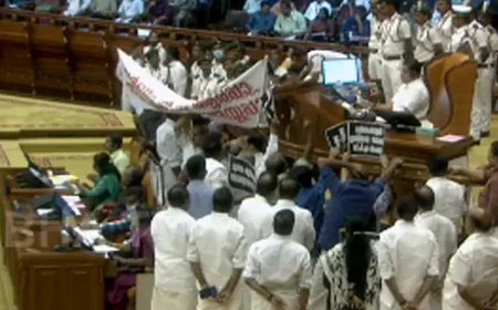 നിയമസഭ പ്രക്ഷുബ്ധം: പ്ലക്കാർഡുകളും ബാനറുകളുമായി പ്രതിപക്ഷ പ്രതിഷേധം 