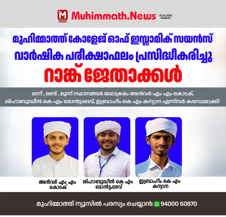 മുഹിമ്മാത്ത് കോളേജ് ഓഫ് ഇസ്ലാമിക് സയൻസ് വാർഷിക പരീക്ഷാ ഫലം പ്രസിദ്ധീകരിച്ചു