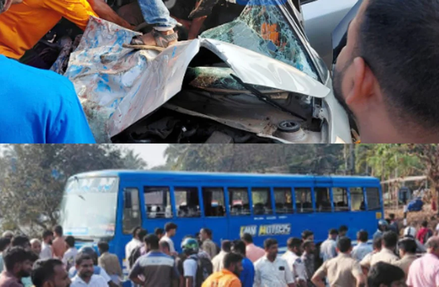 കുമ്പള ശാന്തിപ്പള്ളത്ത് കാറും ബസും കൂട്ടിയിടിച്ച് അപകടം; നാലു പേരുടെ നില ഗുരുതരം